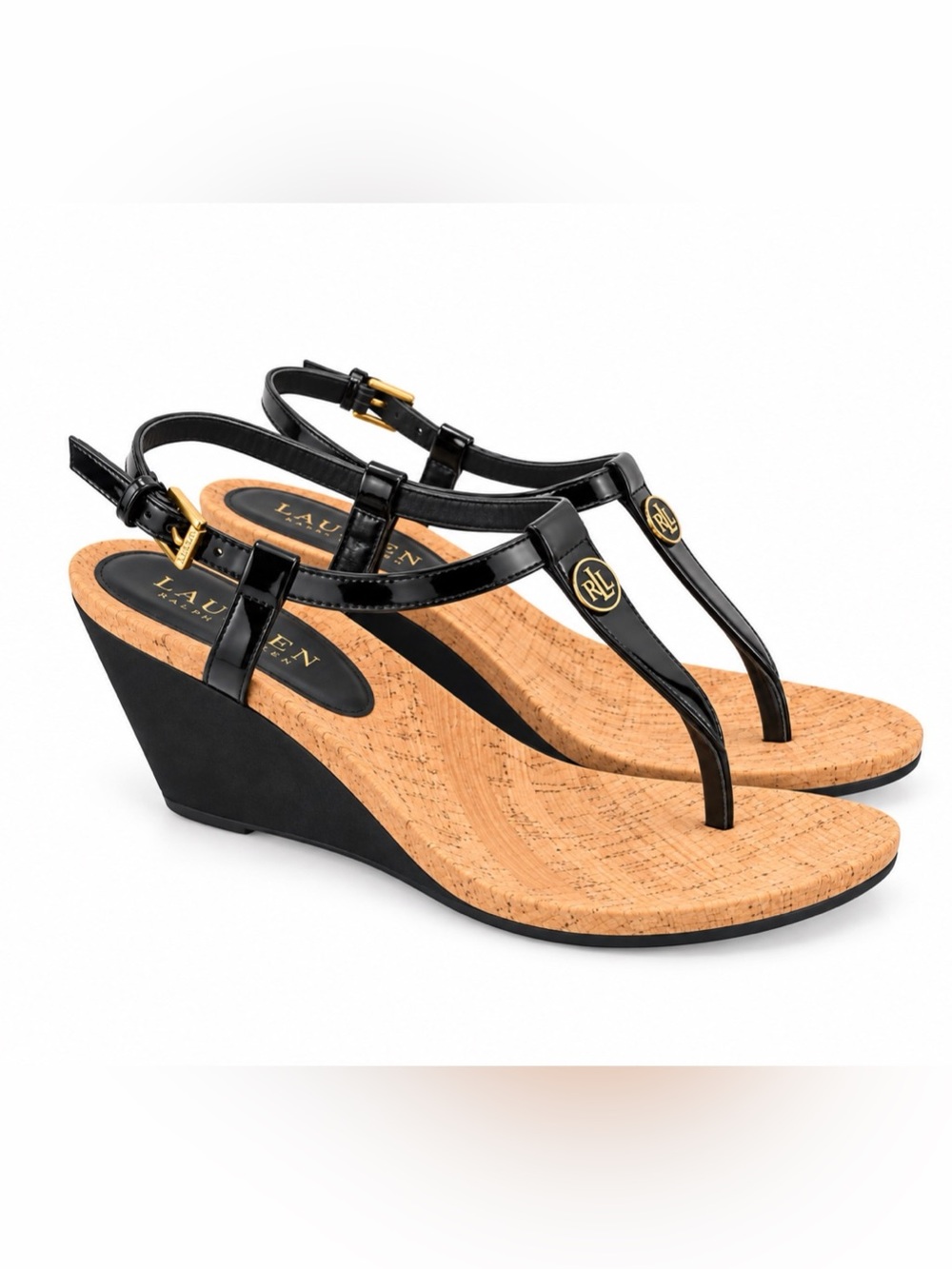 Lauren Ralph Lauren Reeta Black Patent Leather Cork Wedge Sandals w/ Box, US 8 B